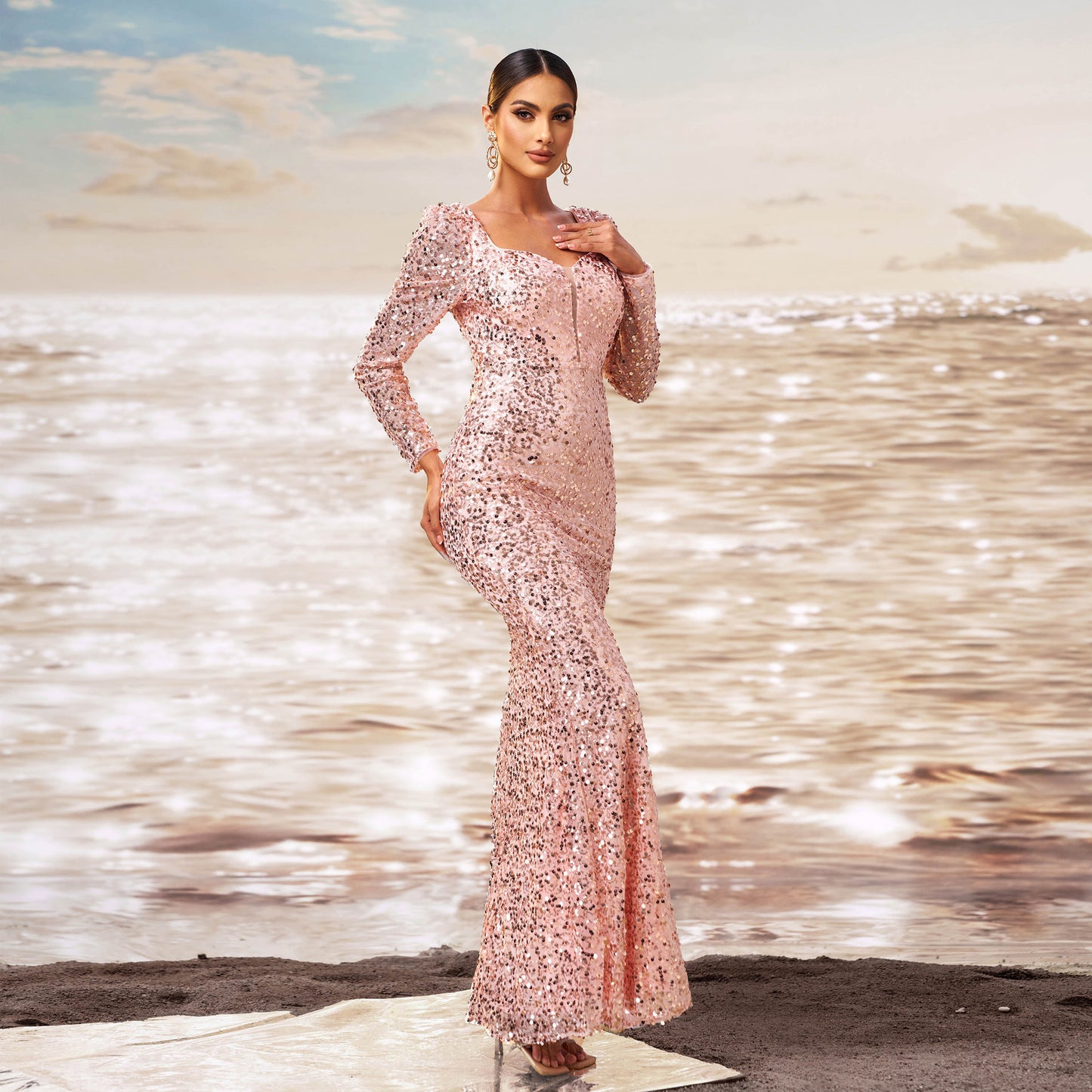 Long Sleeve Square-neck Sequined Sheath Fishtail Evening Dress