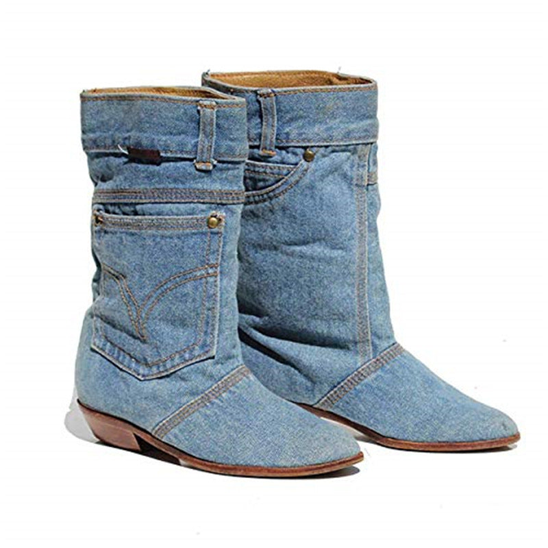 Women's Boots Mid-waist Low Heel Denim Casual