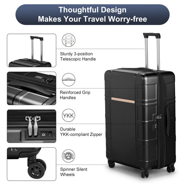 FCH 3-in-1 Set Double Wheel Silent Wheel With Wet & Dry Separation Compartment ABS, PC Trolley Case 20in 24in 28in ABS, PC Inner Aluminum Outer Iron Tie Rod Fabric - Black