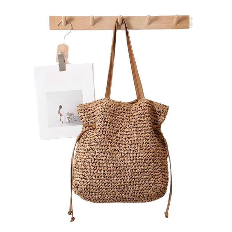 Large Capacity Straw Bag Drawstring Hand-carrying Knitting Shoulder Bag