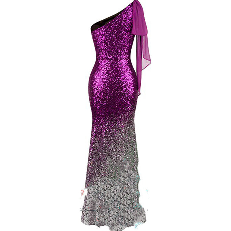 One Shoulder Fishtail Sequin Slim Fit Evening Dress