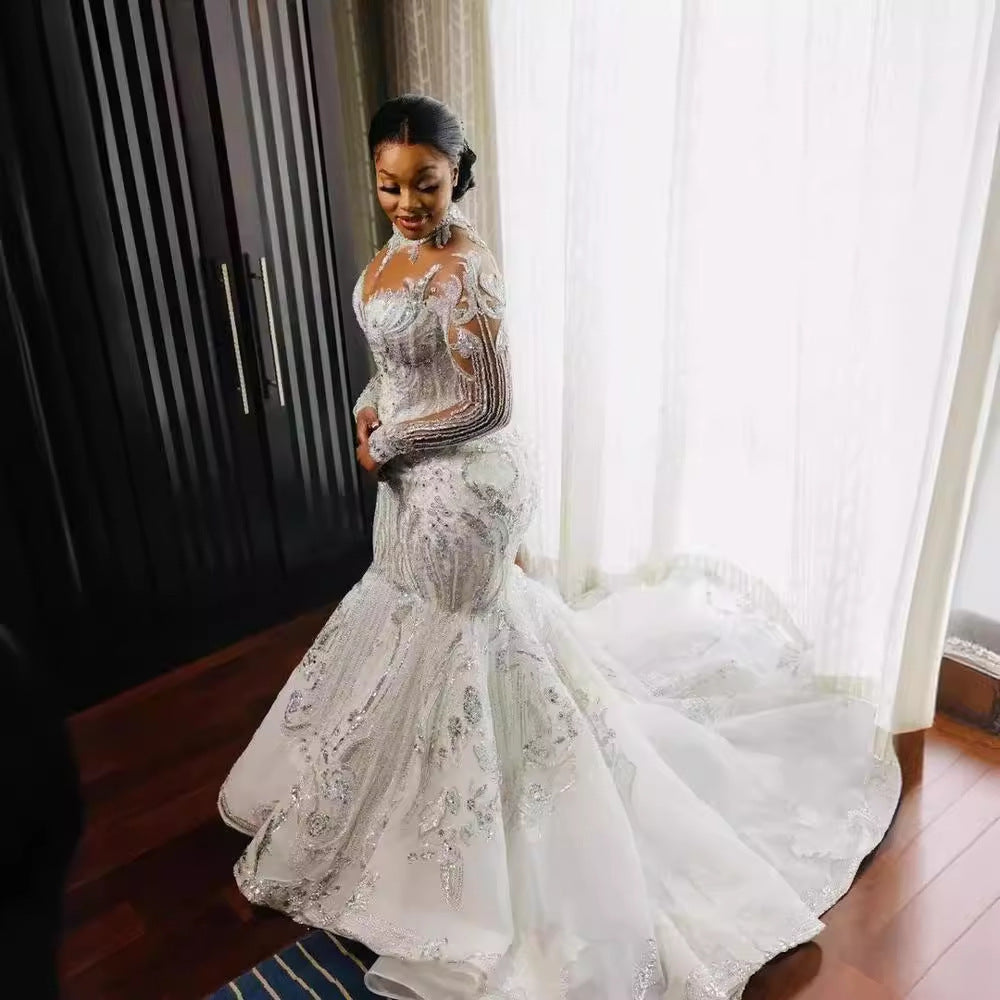 Wedding Dress African Bridal Lace Long Sleeve Fishtail