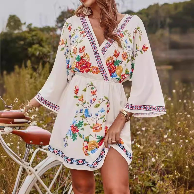 Bohemian Retro Ethnic Print Temperament Waist-controlled Slimming And Short Holiday Dress