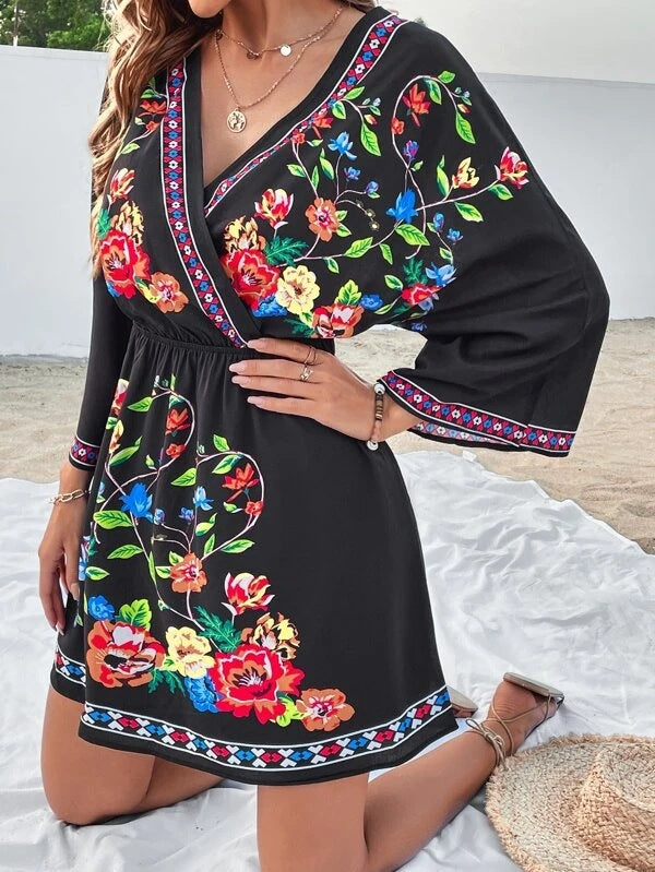 Bohemian Retro Ethnic Print Temperament Waist-controlled Slimming And Short Holiday Dress