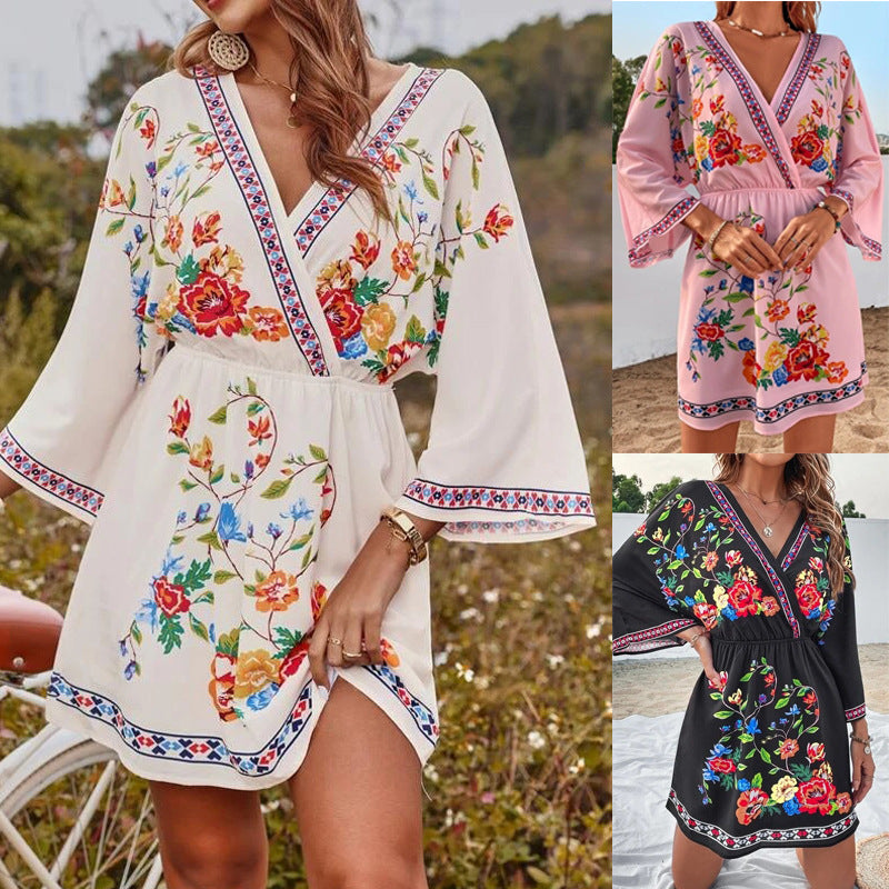 Bohemian Retro Ethnic Print Temperament Waist-controlled Slimming And Short Holiday Dress