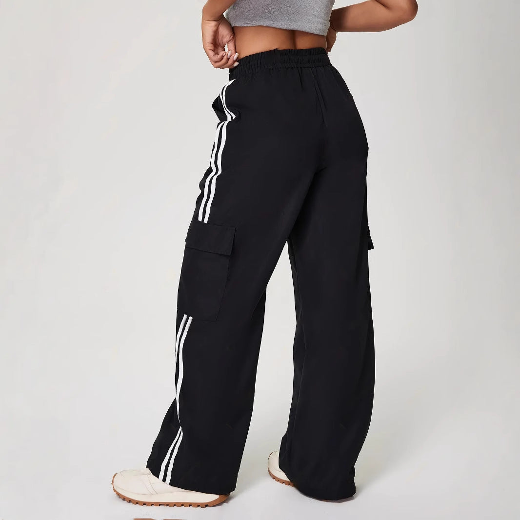 Striped Elastic Waist Drawstring Sports Loose Trousers