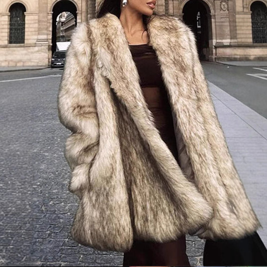 Lapel Long Sleeve Furry Fur Clothing Comfortable Casual Warm Jacket Ladies