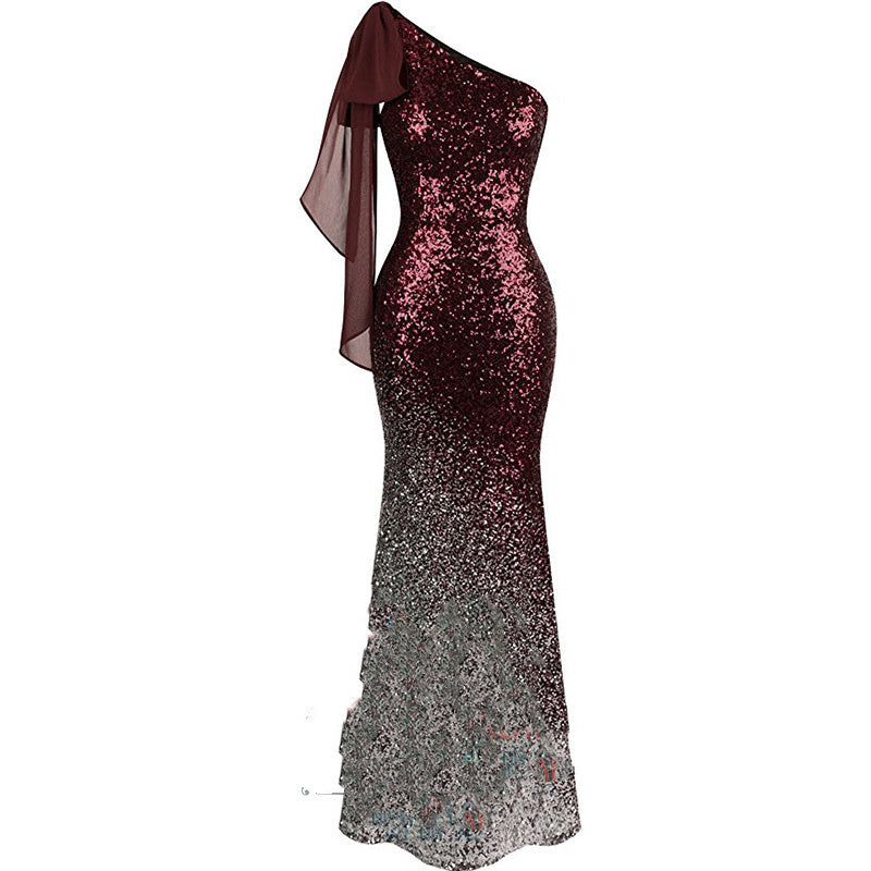 One Shoulder Fishtail Sequin Slim Fit Evening Dress