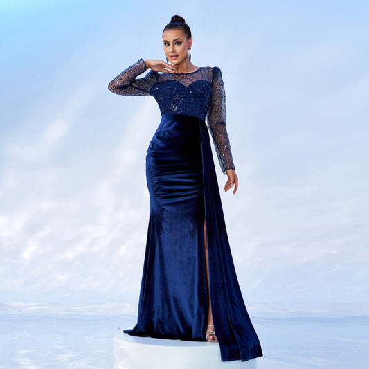 Mesh Sequins Velvet Banquet Fishtail Evening Dress