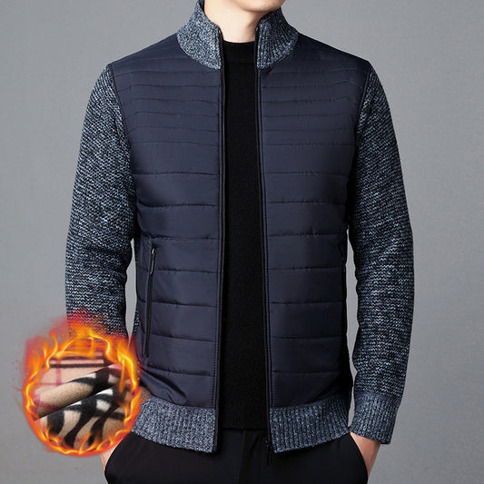 Men's Stand Collar Stitching Velvet Padded Sweater Knitwear Coat